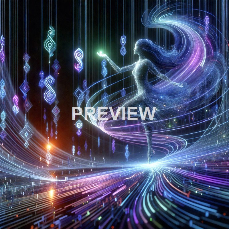A luminous, digital illustration of a female figure with flowing hair, surrounded by swirling light trails and geometric symbols, appearing to dance or float in a futuristic, abstract environment.